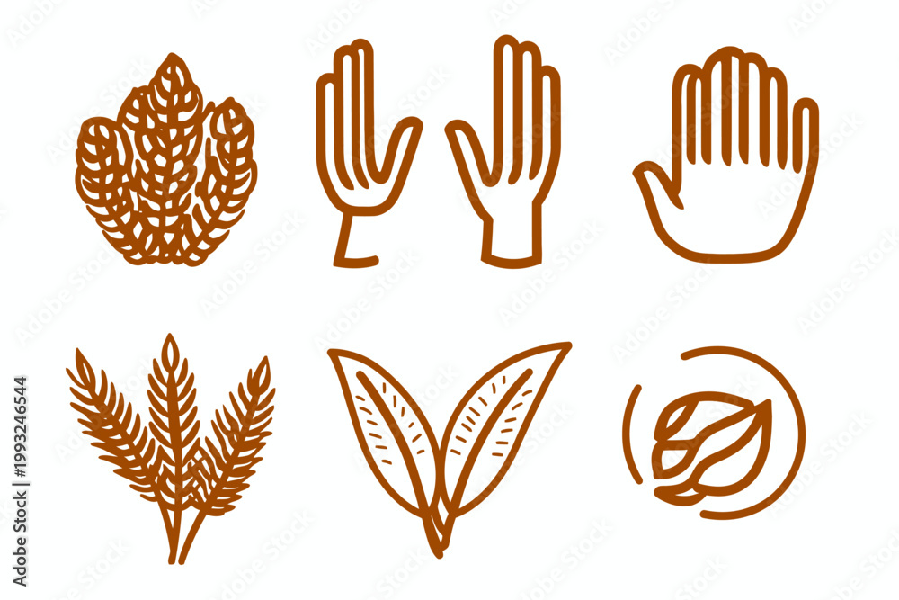 Fototapeta premium Stylized line-drawn illustrations of plant parts and hands in a muted brown color