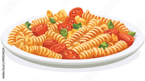 A plate of fusilli pasta served with sliced tomatoes and fresh basil leaves. Delicious Italian dish