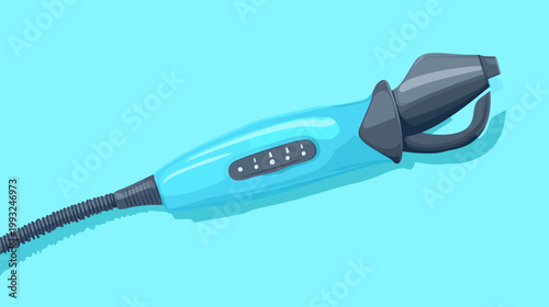 Stylized illustration of a turquoise hair styling tool set against a light blue backdrop