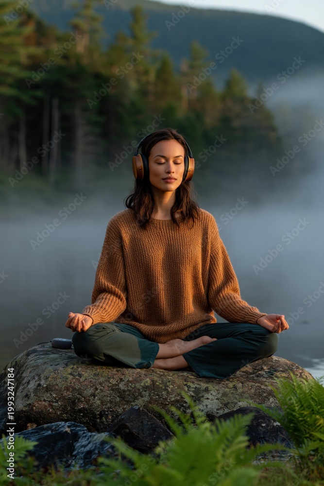 Fototapeta premium Woman meditating with headphones seated cross legged on lakeside rock