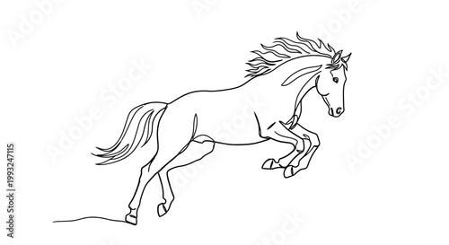 Running horse, dynamic equine illustration, black line art, animal design element