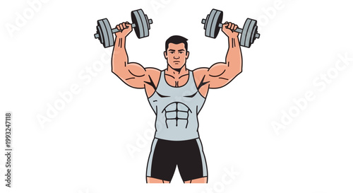 Muscular man lifting dumbbells, fitness icon, workout vector, exercise graphics, gym illustration