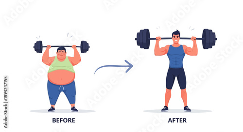 Weight loss, transformation, fitness, before and after, vector illustration