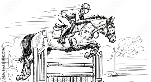 Equestrian, horse jumping, show jumping, equestrian sports, black and white vector
