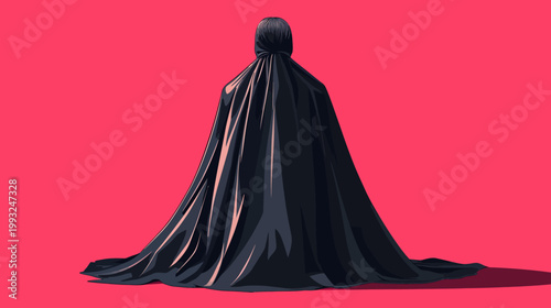 Pixelated artwork of a hooded figure draped in black fabric against a vibrant pink backdrop