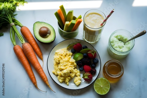 Healthy Breakfast Spread with Scrambled Eggs Berries Avocado Carrots Smoothie and Honey on Marble