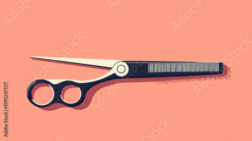 Pixelated illustration of hair-cutting shears resting on a salmon-colored backdrop