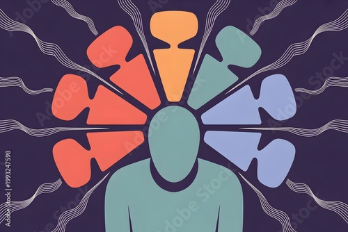 Abstract Human Figure with Colorful Thought Bubbles Radiating Outward Mental Health Mind Concept Art