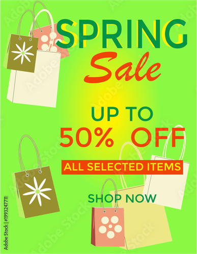 Shopping and sale. Spring sale banner template discount promotion up to 50% off. Bright modern design. 
