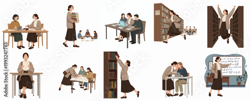 Modern Flat Illustration Set Depicting Diverse People Learning, Studying, Reading Books, and Teaching in a Library Environment