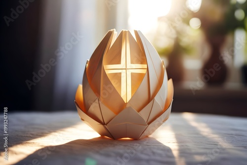 Glowing Origami Paper Lotus Lantern with Cross Symbol in Warm Sunlight on Table Spiritual Home Decor