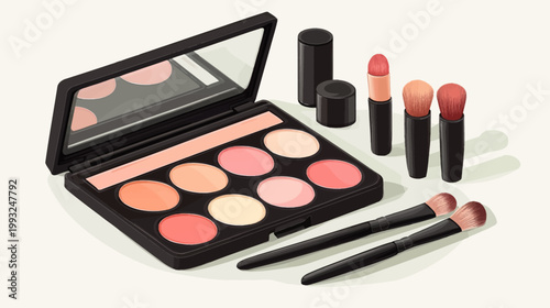 A still life of makeup tools, including a palette, lipsticks, and brushes, on a cream background