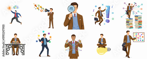 Modern Flat Design Illustration Set of Business Man Executing Various Tasks and Concepts Like Problem Solving and Innovation