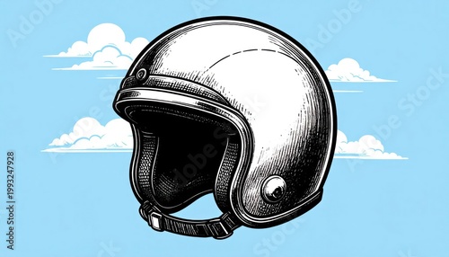 Vintage Motorcycle Helmet Illustration with Clouds.