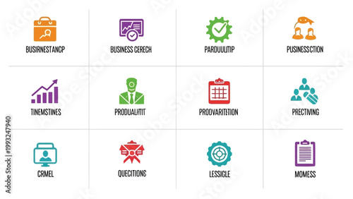Icons representing various business and productivity concepts Vector