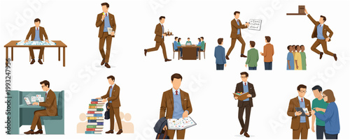 Flat Illustration Collection of Professional Man Engaged in Educational and Business Activities Set