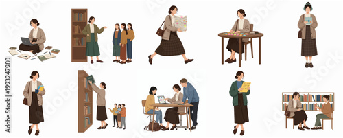 Contemporary Flat Illustration Set of Diverse People Engaged in Library Reading and Learning Activities Collection