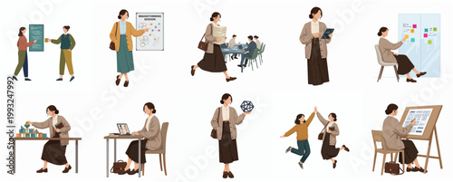 Flat Illustration Modern Character Design of Diverse Business Woman Working, Collaborating, Achieving Goals in Office Scenes Collection Set