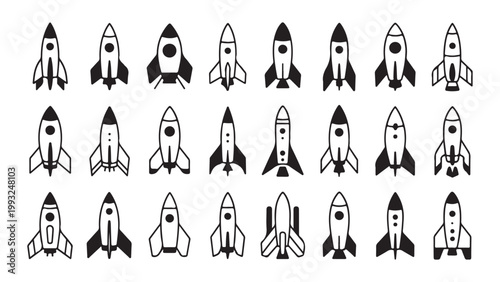 Variety of rocket ship illustrations icons and symbols for space travel.