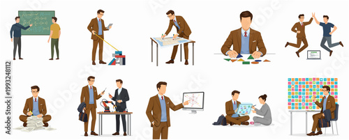 Flat Character Design Illustration Set Depicting Male Professional Performing Diverse Business and Educational Tasks
