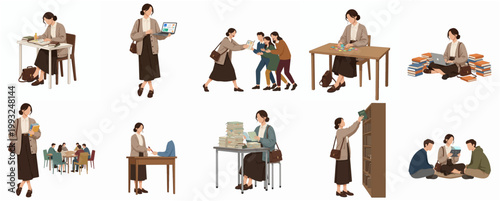 Modern Flat Style Illustration Set Featuring Woman Reading and Studying in Library Education Concept
