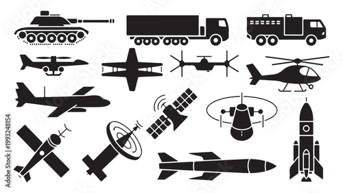 Military vehicles and space technology icons set containing tank truck plane satellite and rockets.