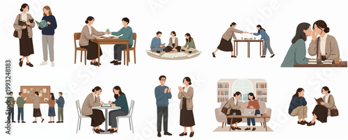 Flat Minimalist Handdrawn Style Diverse Group of Young Adult People Interaction Illustration Set