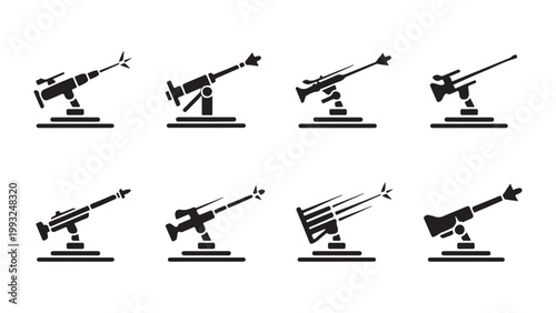 Anti aircraft defense systems set with various artillery cannons and missile launchers silhouettes.