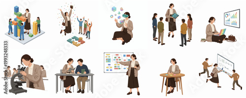 Modern Flat Isometric Handdrawn Illustration Set Diverse Students and Teachers Learning Collaborating and Using Technology in Education Concepts Collection