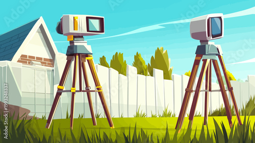 Stylized illustration of surveying equipment in a yard setting, with house, fence, and sky backdrop