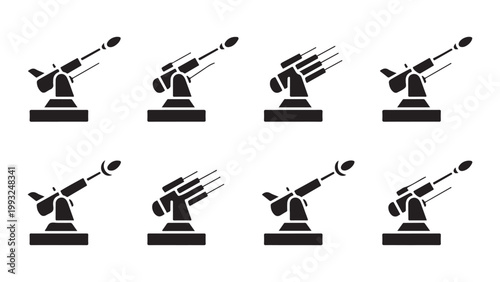 Anti aircraft gun icon set, weapon firing missile, vector illustration in flat style.