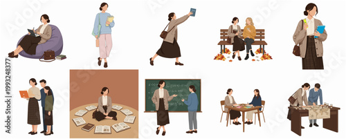 Flat Textured Illustration Set of Young Student Character People Engaged in Learning and Educational Activities
