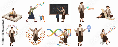 Flat Illustration Set of Woman Learning Education Creativity Science and Lifestyle Scenes