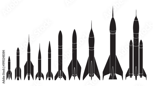 Rocket icon set, space rocket vector collection, black silhouette of rocket illustration.