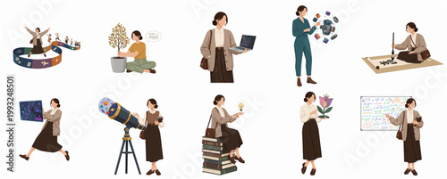 Modern Flat Illustration Set of Woman Engaging in Science, Education, Technology, and Creative Pursuits Concept