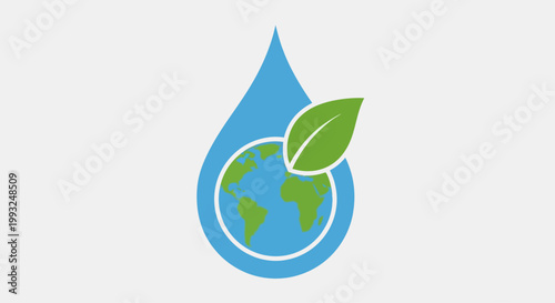 Earth Inside Water Droplet with Green Leaf Icon Symbol of Water Conservation Sustainability and Environmental Protection