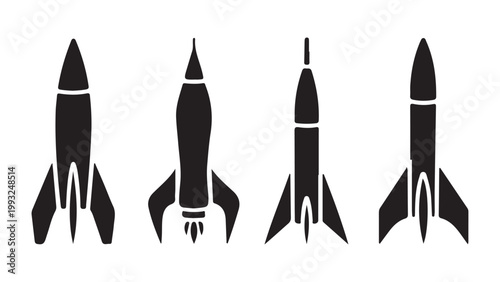 Four distinct black rocket designs shown in a row on transparent background vector graphic.