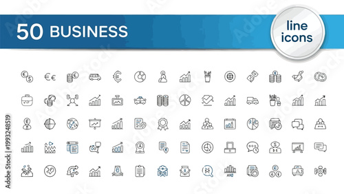 Collection of fifty diverse business-themed line icons for presentations and designs Vector