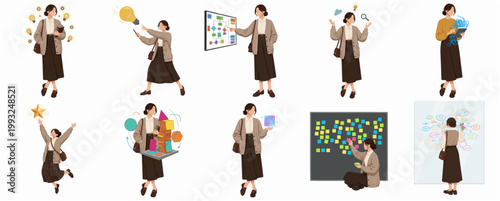 Flat Modern Illustration Set of Woman Generating Creative Ideas, Problem Solving, and Brainstorming for Business Concept