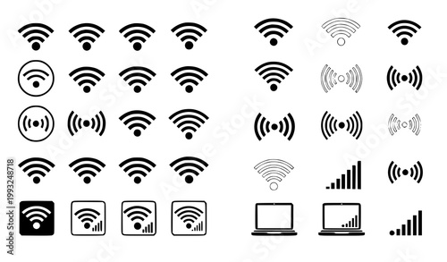 A comprehensive collection of black and white wi fi signal strength icons and related network symbols showcasing connectivity variations