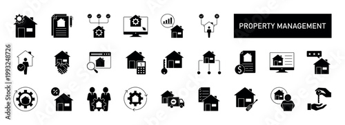 Property management icon set, containing property search, sign contract, leasing, agreement, repair, automation, feedback and more. Solid vector icons collection. eps 10