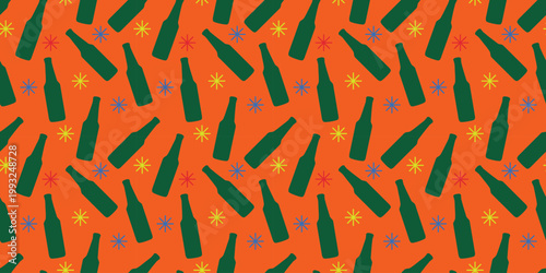Seamless Pattern of Green Beer Bottles and Colorful Stars on Vibrant Orange Background, Retro Style Beverage Illustration for Bar and Party Decor