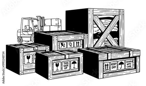 Black and white illustration of crates boxes and a forklift in a warehouse setting