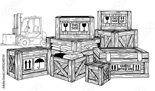 Black and white line art illustration of a forklift and stacked wooden crates with shipping symbols conveying logistics and warehousing