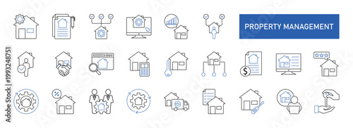 Property management icon set, containing property search, sign contract, leasing, agreement, repair, automation, feedback and more. Solid vector icons collection. eps 10