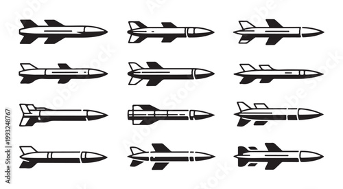 Missile and rocket silhouette set showing horizontal flight trajectory with various fin arrangements.