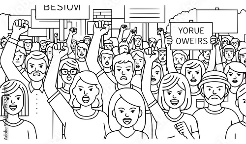 A black and white line drawing depicting a large crowd of people protesting with raised fists and determined expressions conveying a sense of collective action