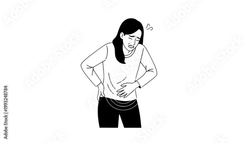 A distressed young woman clutches her stomach in pain exhibiting signs of discomfort and potential abdominal issues possibly related to health