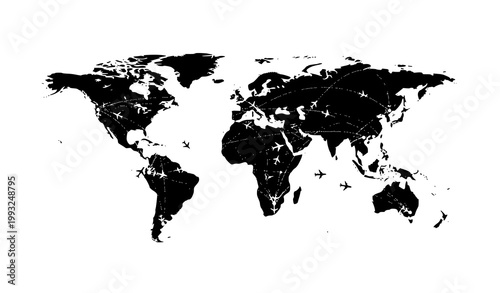 Stylized world map with flight paths a black and white illustration of global connectivity and travel