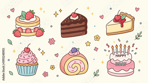A delightful collection of six different types of sweet desserts, including cakes, cupcakes, and pies, adorned with fruits and frosting, set against a soft, pastel background with decorative elements.